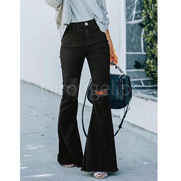 Black Flare Leg Distressed Jeans Zipper High Waist Stretchy - Picture 2 of 6